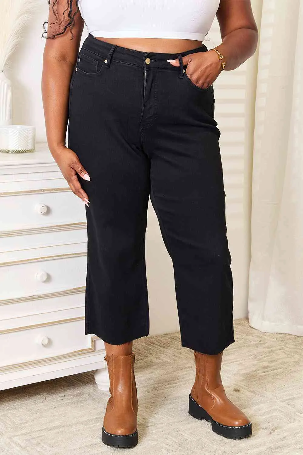 Judy Blue, High Waist Wide Leg Black Stretchy Cropped Jeans