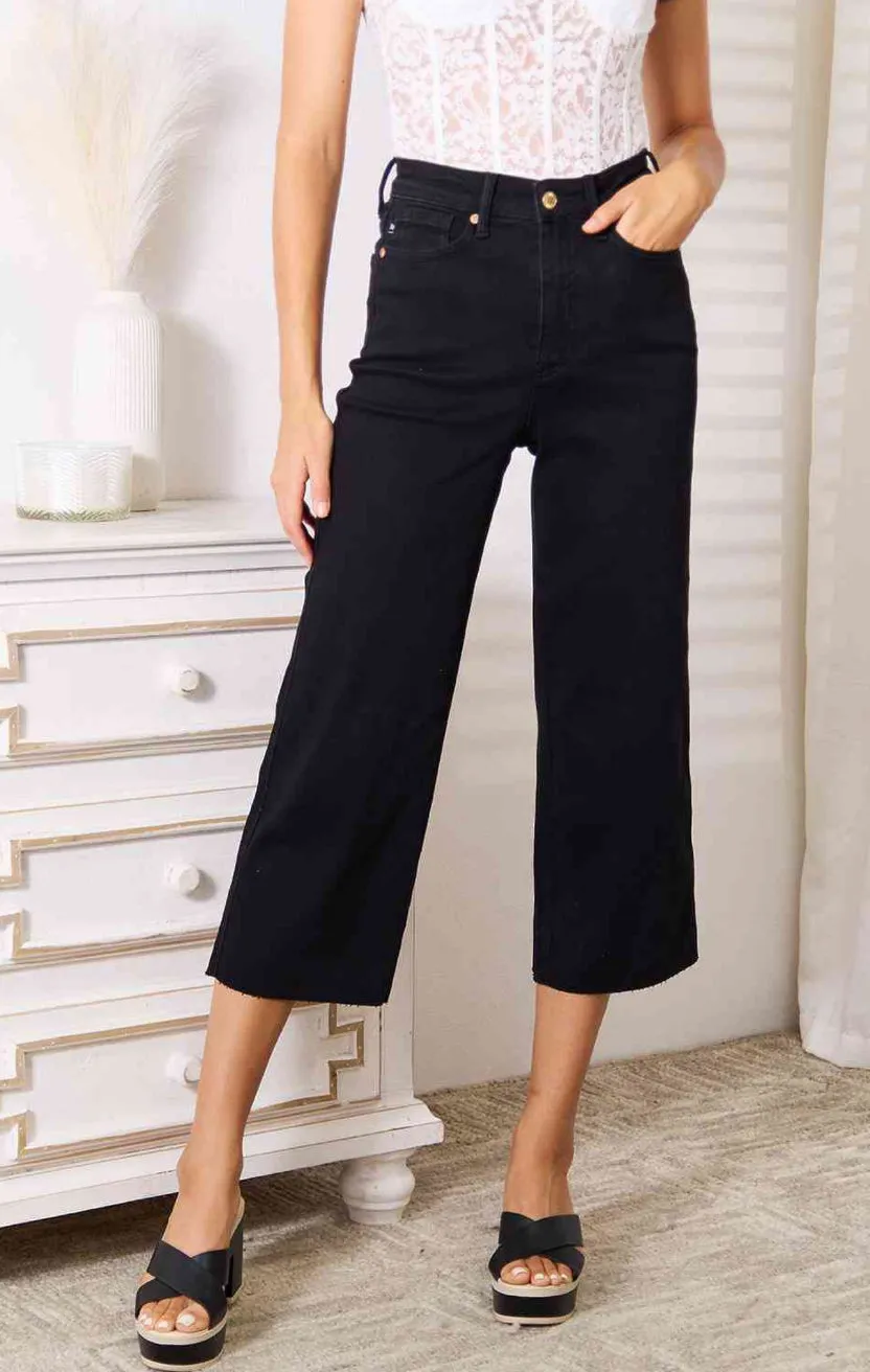 Judy Blue, High Waist Wide Leg Black Stretchy Cropped Jeans