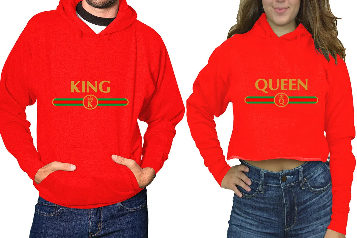 King Queen Couple Matching Ladies Crop Top Hoodie and Mens Pullover Hoodie.