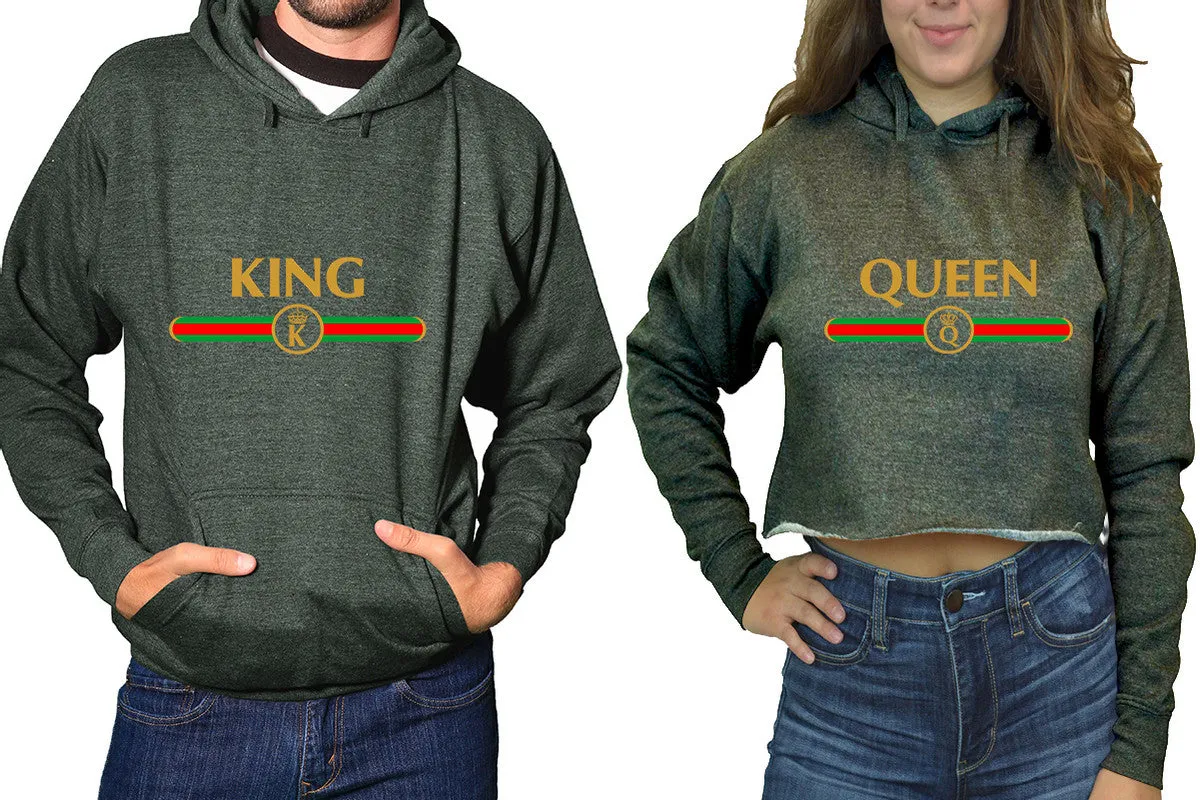 King Queen Couple Matching Ladies Crop Top Hoodie and Mens Pullover Hoodie.