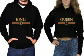 King Queen Couple Matching Ladies Crop Top Hoodie and Mens Pullover Hoodie.