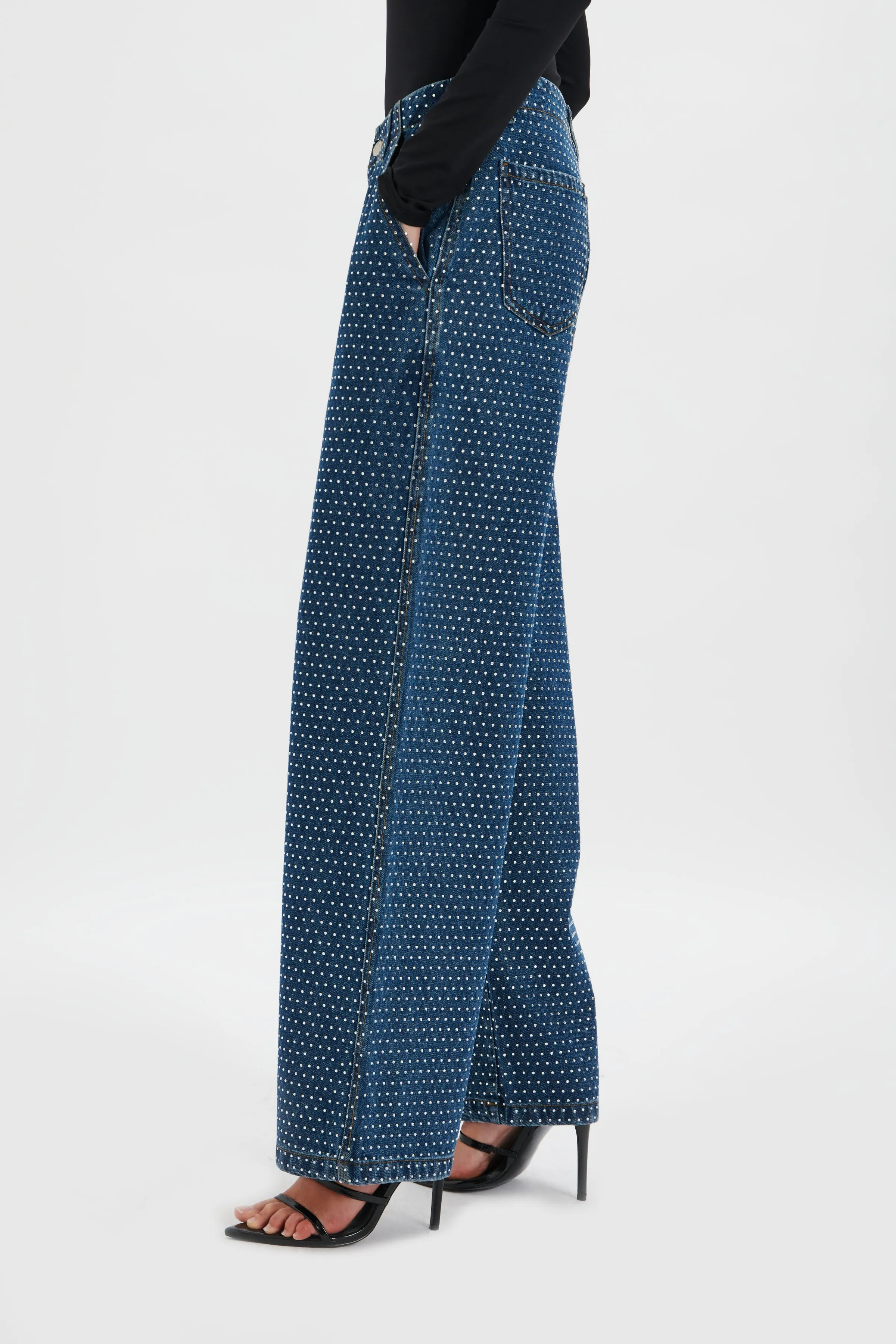 LILLIE Crystal Embellished Straight Leg Denim Jeans in Dark Blue