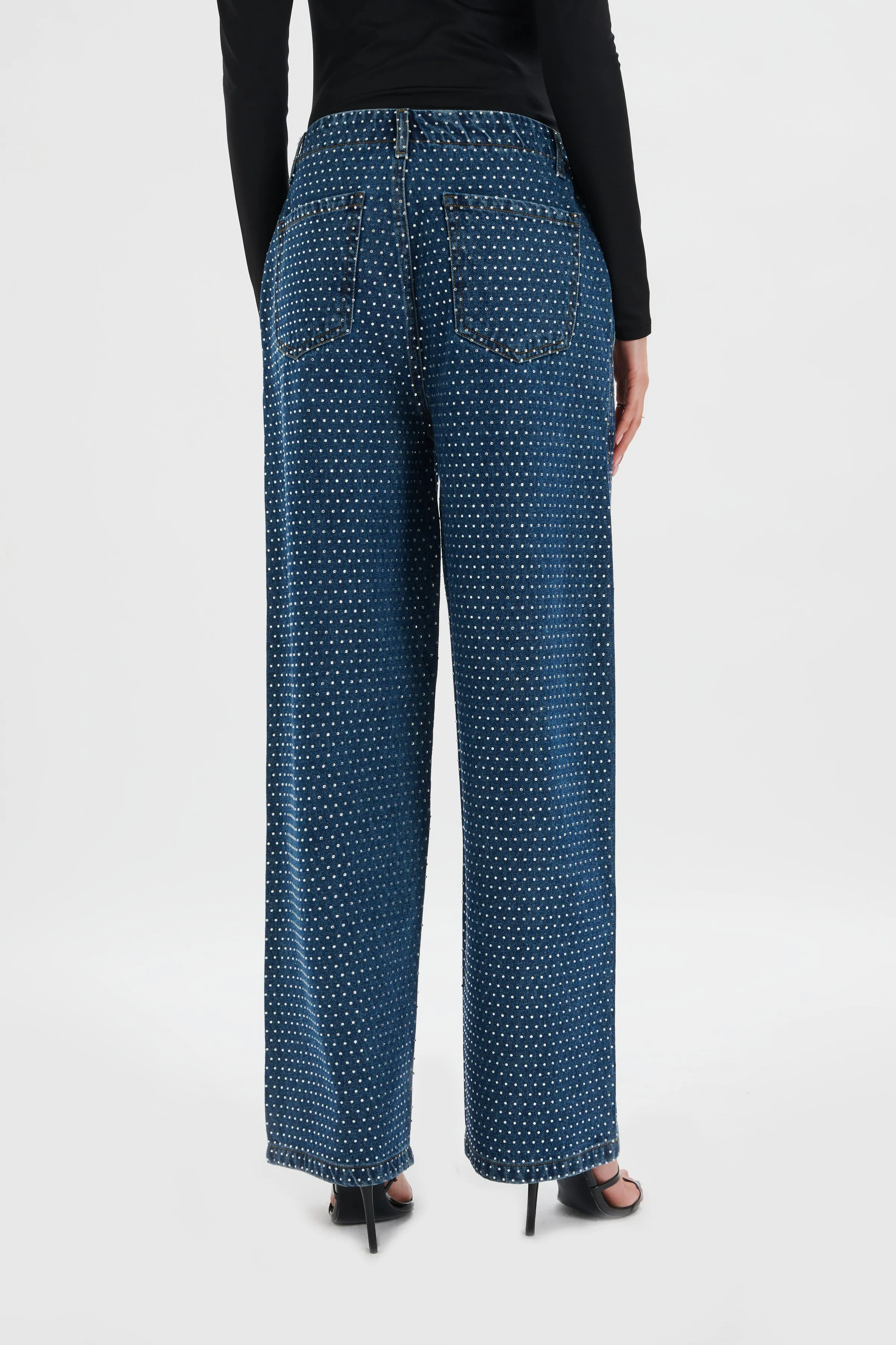 LILLIE Crystal Embellished Straight Leg Denim Jeans in Dark Blue