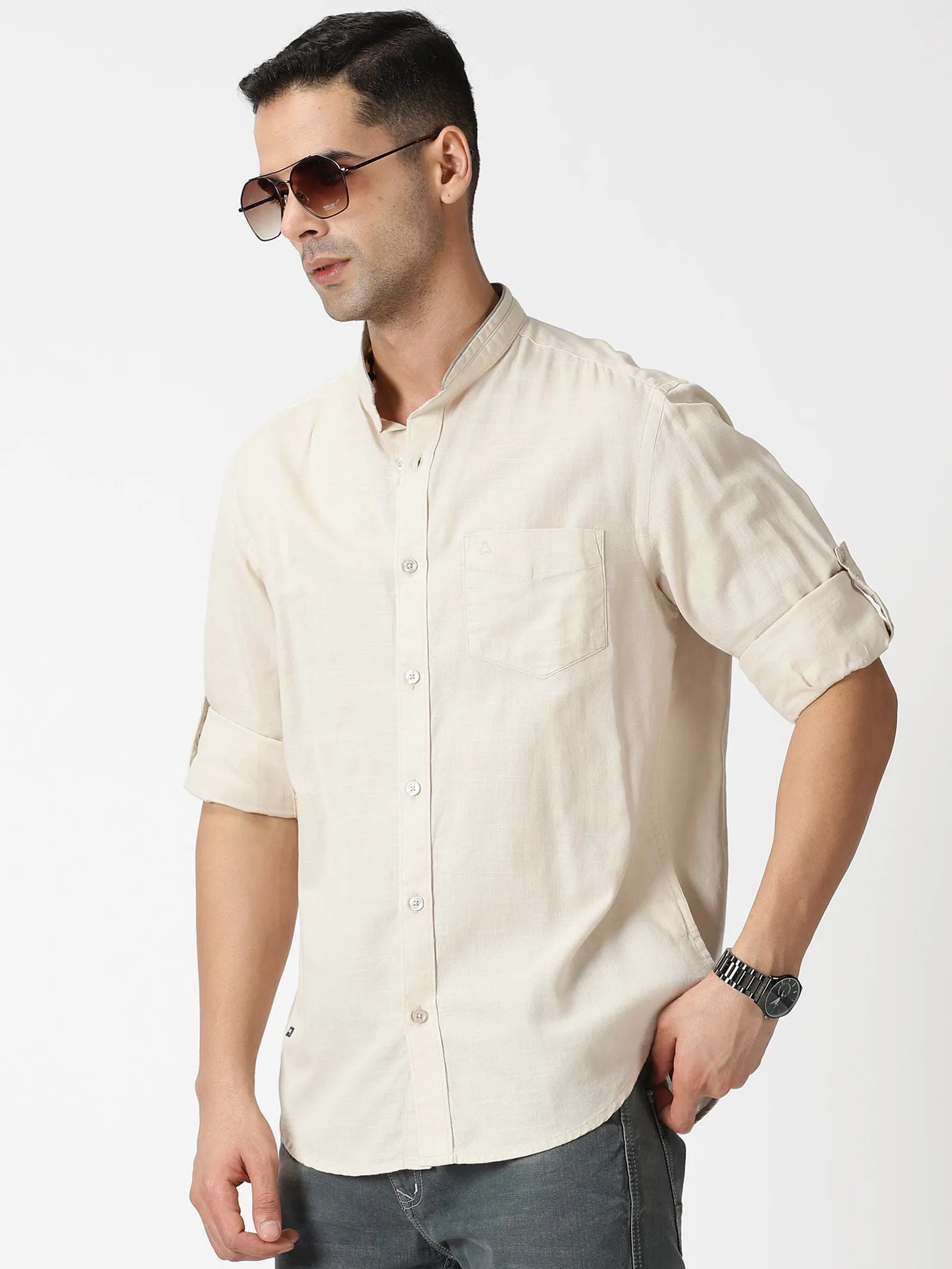 MEN'S BEIGE SOLID SLIM FIT SHIRT