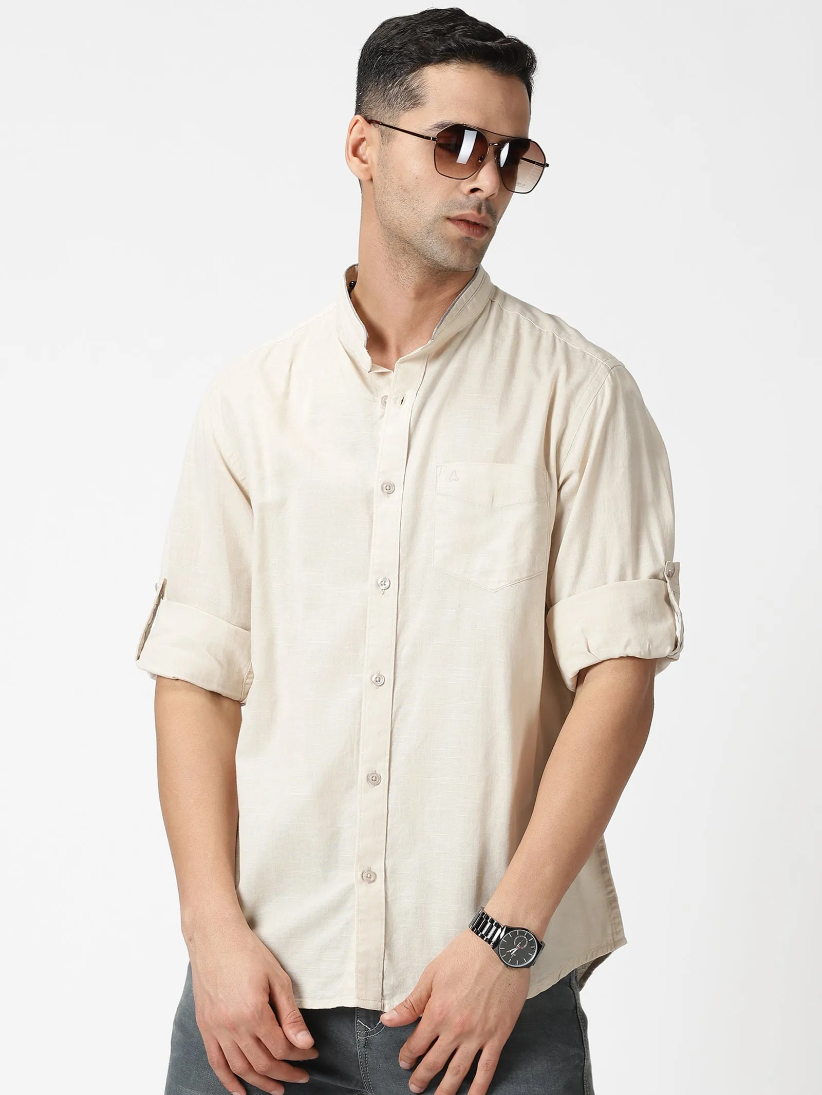 MEN'S BEIGE SOLID SLIM FIT SHIRT