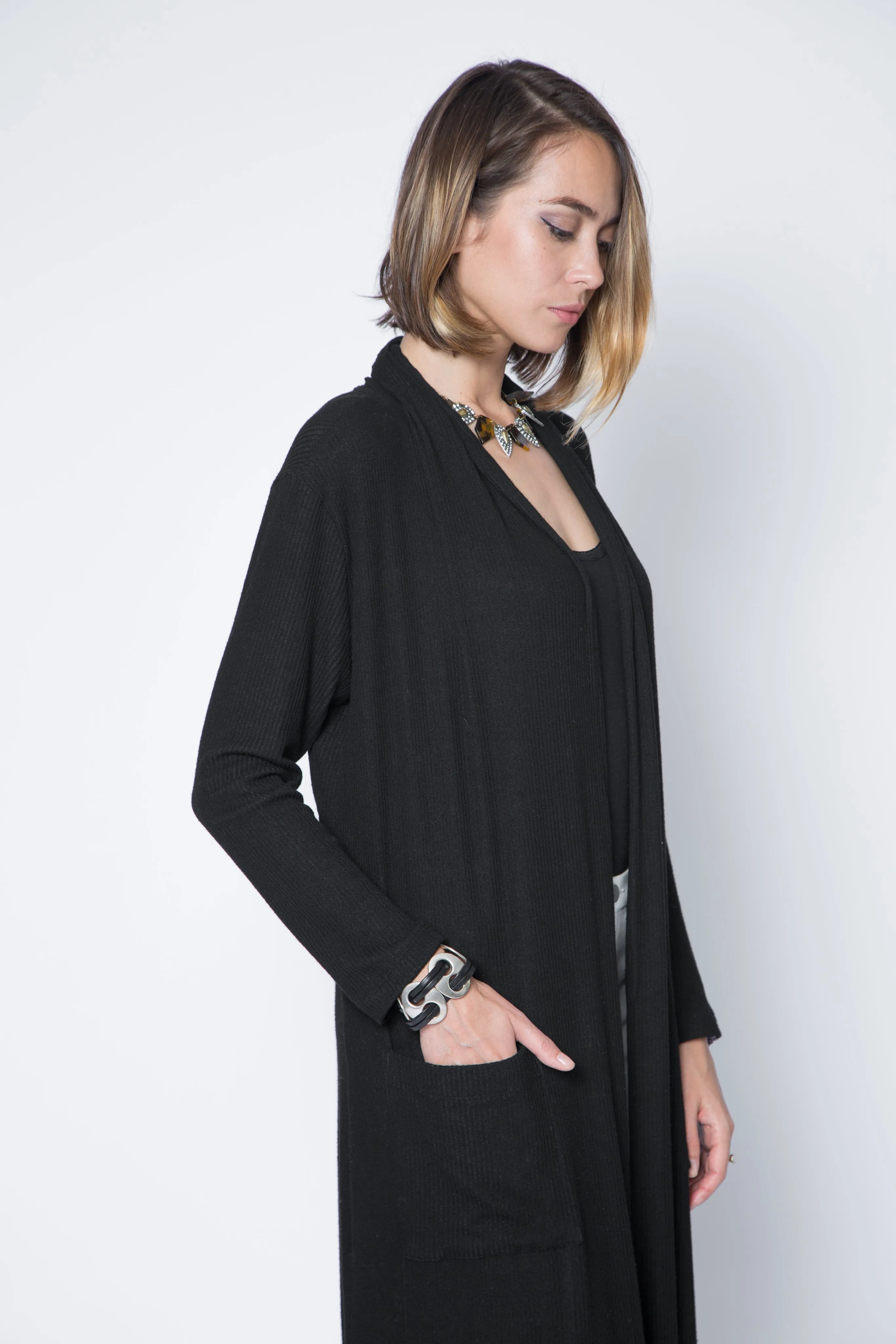 New! Open Front Cardigan Mid Length with Pockets