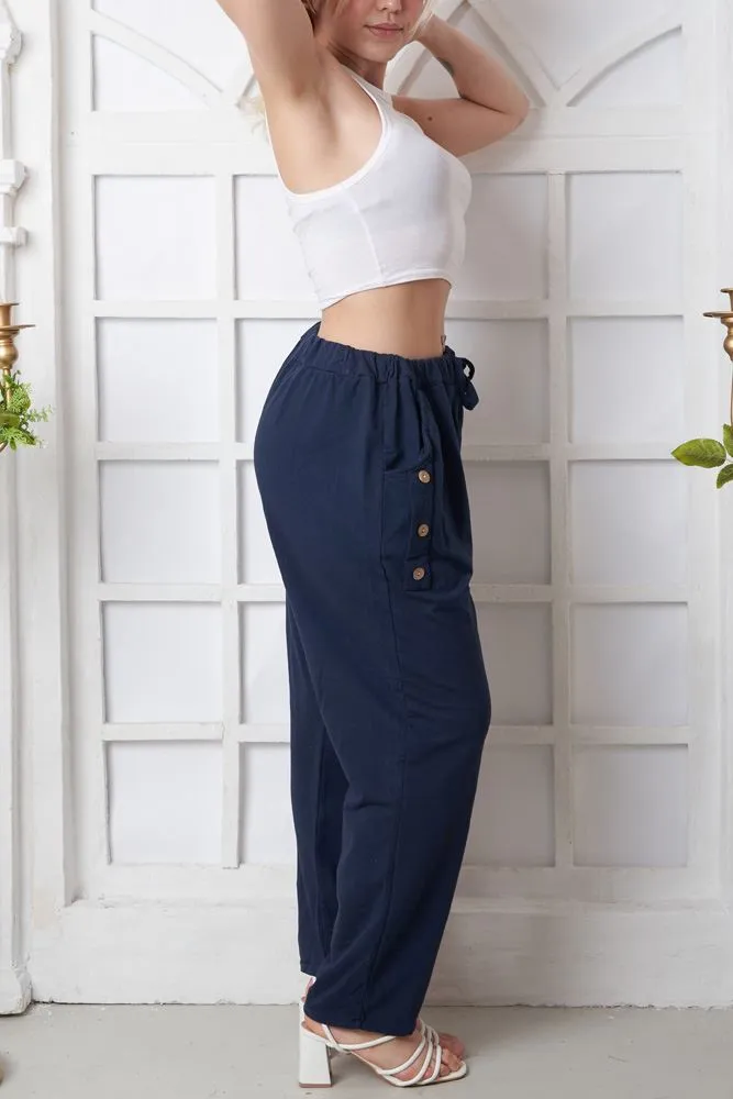 Plain Pocket Button Detail Cotton Trousers